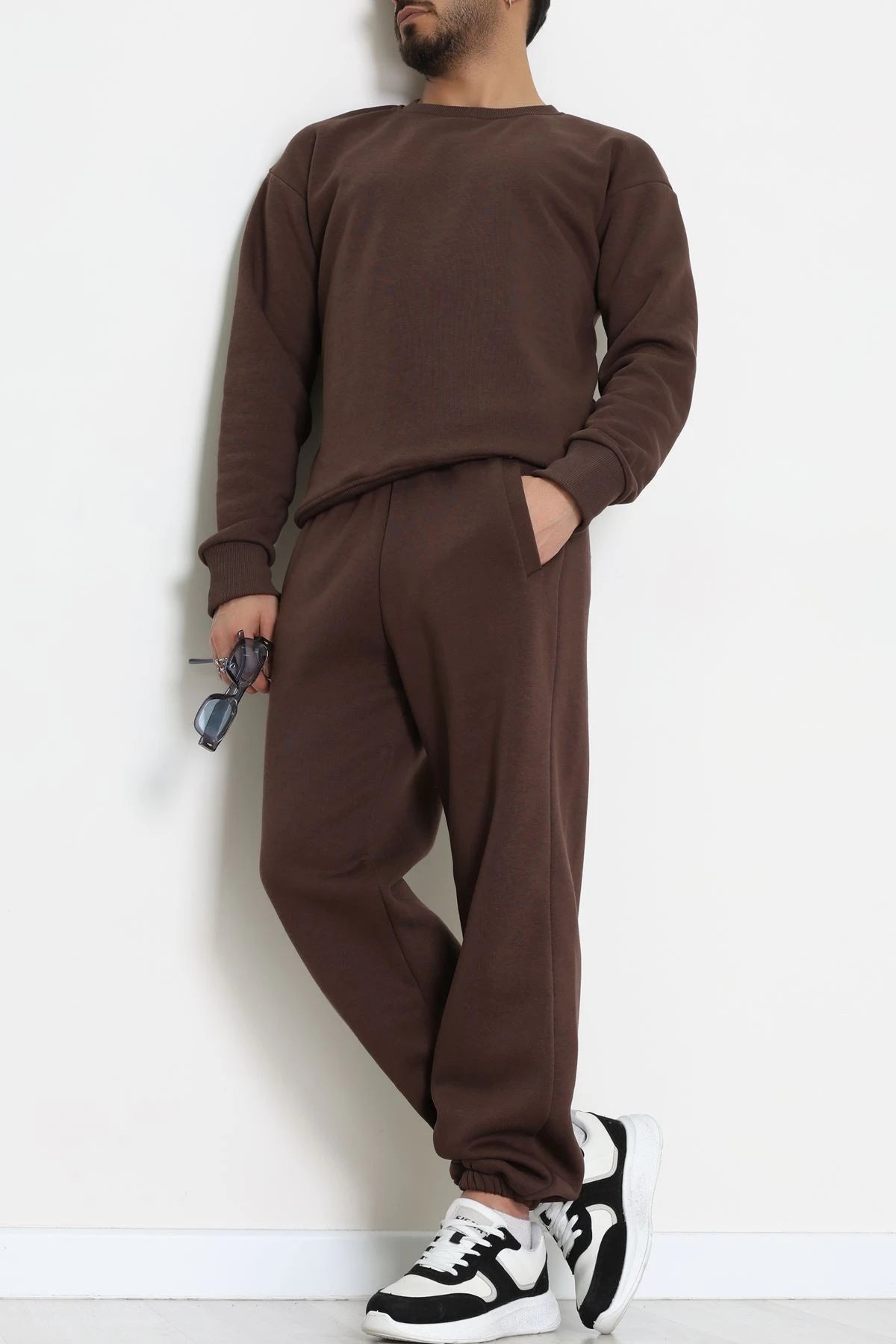 Men's Fleece-Lined 3-Thread Tracksuit Set in Brown