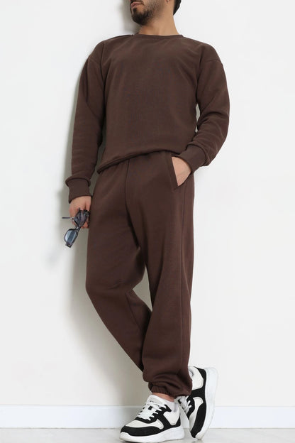 Men's Fleece-Lined 3-Thread Tracksuit Set in Brown