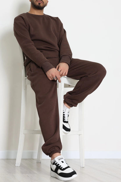 Men's Fleece-Lined 3-Thread Tracksuit Set in Brown