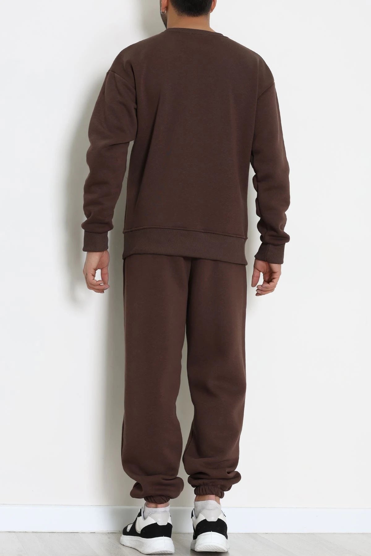 Men's Fleece-Lined 3-Thread Tracksuit Set in Brown