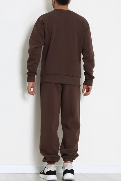 Men's Fleece-Lined 3-Thread Tracksuit Set in Brown