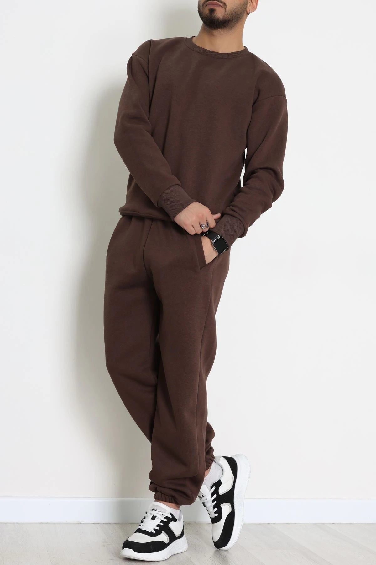 Men's Fleece-Lined 3-Thread Tracksuit Set in Brown