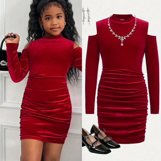 TEMU-A Stylish Red Off-Shoulder Dress for Girls - alotasawkli