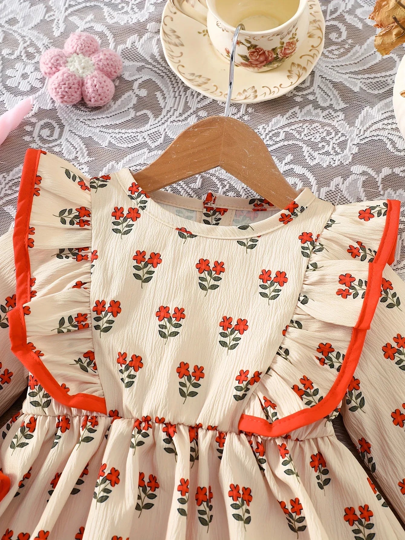 Baby Girl Floral Dress Set | Beige with Red Rose Print, Red Ruffle Trim Bell Sleeves, Cute and Sweet All-season Outfit - alotasawkli
