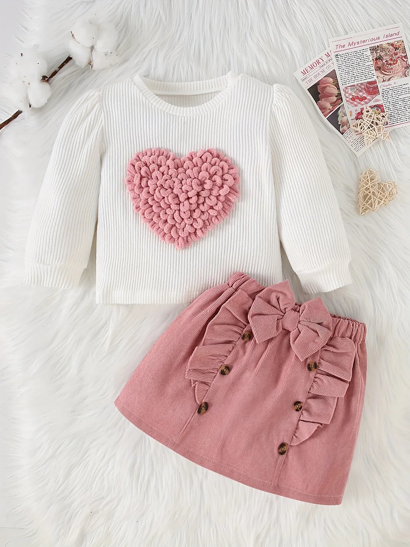 2pcs Set of Autumn and Winter New Love Pit Stripe Long Sleeved Top+corduroy Bow Skirt Set, Fashionable and Simple, Suitable for Birthday Gifts, Daily Wear, Comfortable and Warm, Perfect for Outdoor - alotasawkli