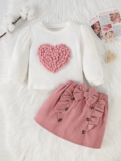 2pcs Set of Autumn and Winter New Love Pit Stripe Long Sleeved Top+corduroy Bow Skirt Set, Fashionable and Simple, Suitable for Birthday Gifts, Daily Wear, Comfortable and Warm, Perfect for Outdoor - alotasawkli