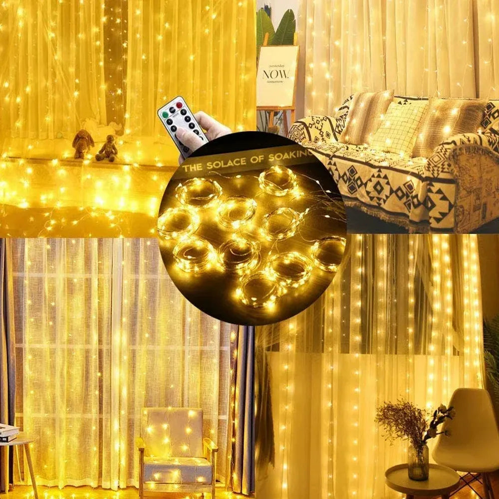 أضواء ستارة النافذة الزخرفية بـ8 أوضاع – سلسلة أضواء LED خرافية تعمل بالطاقة عبر USB مع جهاز تحكم عن بعد - alotasawkli