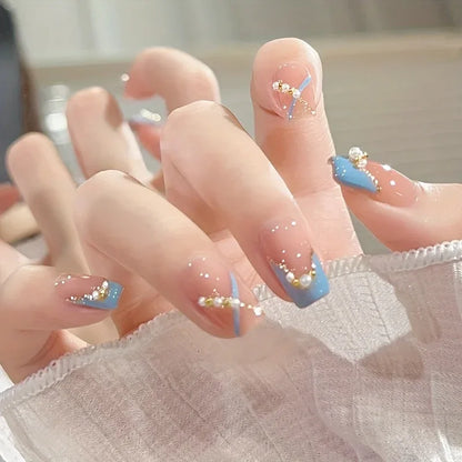 TEMU-24pcs of Glossy Short Square Fake Nails with a Blue Gradient - alotasawkli