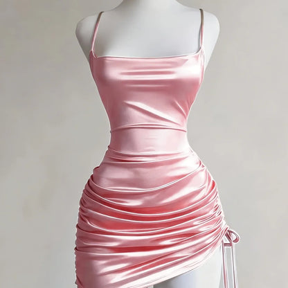 TEMU-Women's New Solid Color Lace-Up Drawstring Backless Suspender Dress - alotasawkli