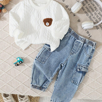 TEMU-2pcs Cute Set: Bear Patch Textured Round Neck - alotasawkli