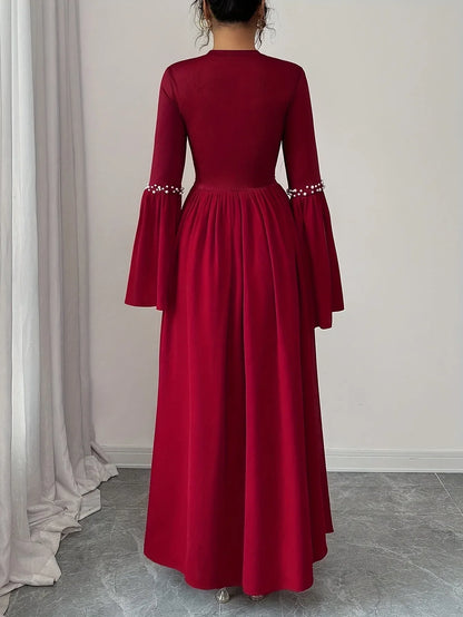TEMU-Women'S Elegant Long Sleeve A-Line Maxi Dress with Round Neck - alotasawkli