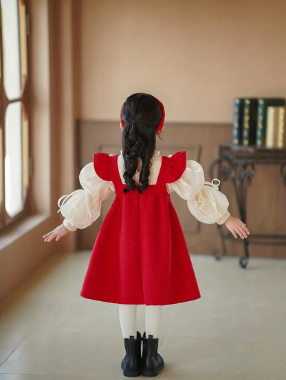 TEMU-Girls' Two-Piece Princess Dress with Bubble Sleeves & Big Bow - Red - alotasawkli