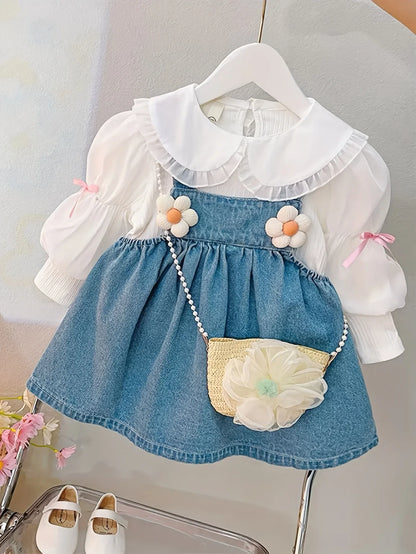 TEMU-Girls' Set: Floral Suspender Denim Skirt + Long-Sleeve - alotasawkli