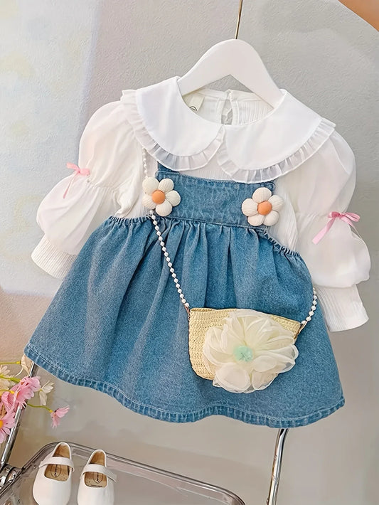 TEMU-Girls' Set: Floral Suspender Denim Skirt + Long-Sleeve - alotasawkli
