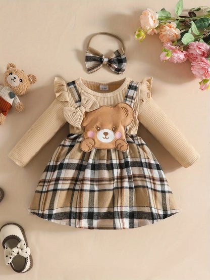 Adorable Bear Cub Long Sleeve Dress with Bow Headband - Pink and White Plaid Pattern, Ruffle Neckline, Midi Length, Perfect for Autumn/Winter, Toddler Dress, Winter Toddler Clothing, Soft Texture Apparel, the Best Gift for Your Baby - alotasawkli