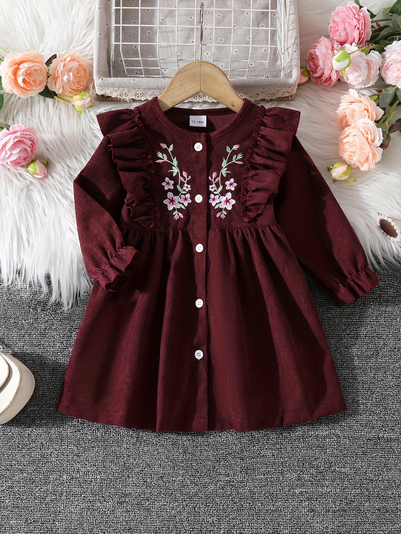 Adorable Long Sleeve Corduroy Dress for Little Girls - Floral Embroidery, Ruffled Sleeves, Polyester Blend, All-Season Casual Wear, Floral Embroidery Dress|Ruffled Sleeve Dress|Polyester Blend Dress - alotasawkli