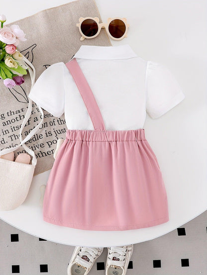 Girls' Pure White Knit Short-Sleeve Top + Stylish Bunny Strap Skirt Set, Perfect for Outdoor - alotasawkli