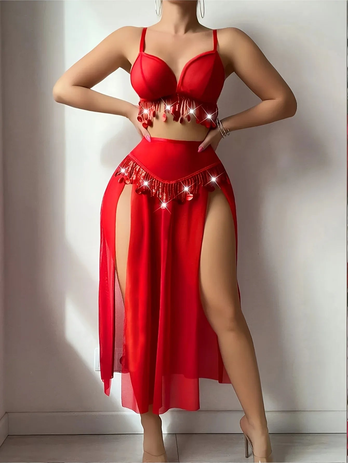 TEMU-Lace metal chain red sexy lingerie set - alotasawkli