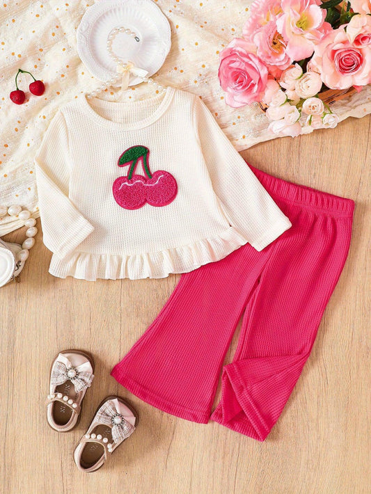 2pcs Girls' Cherry Pattern Ruffle Trim Long Sleeve Top and Flared Casual Pants Set, Perfect for Autumn and Winter, Suitable for Daily, Travel, and Outing Wear, Perfect for Outdoor - alotasawkli