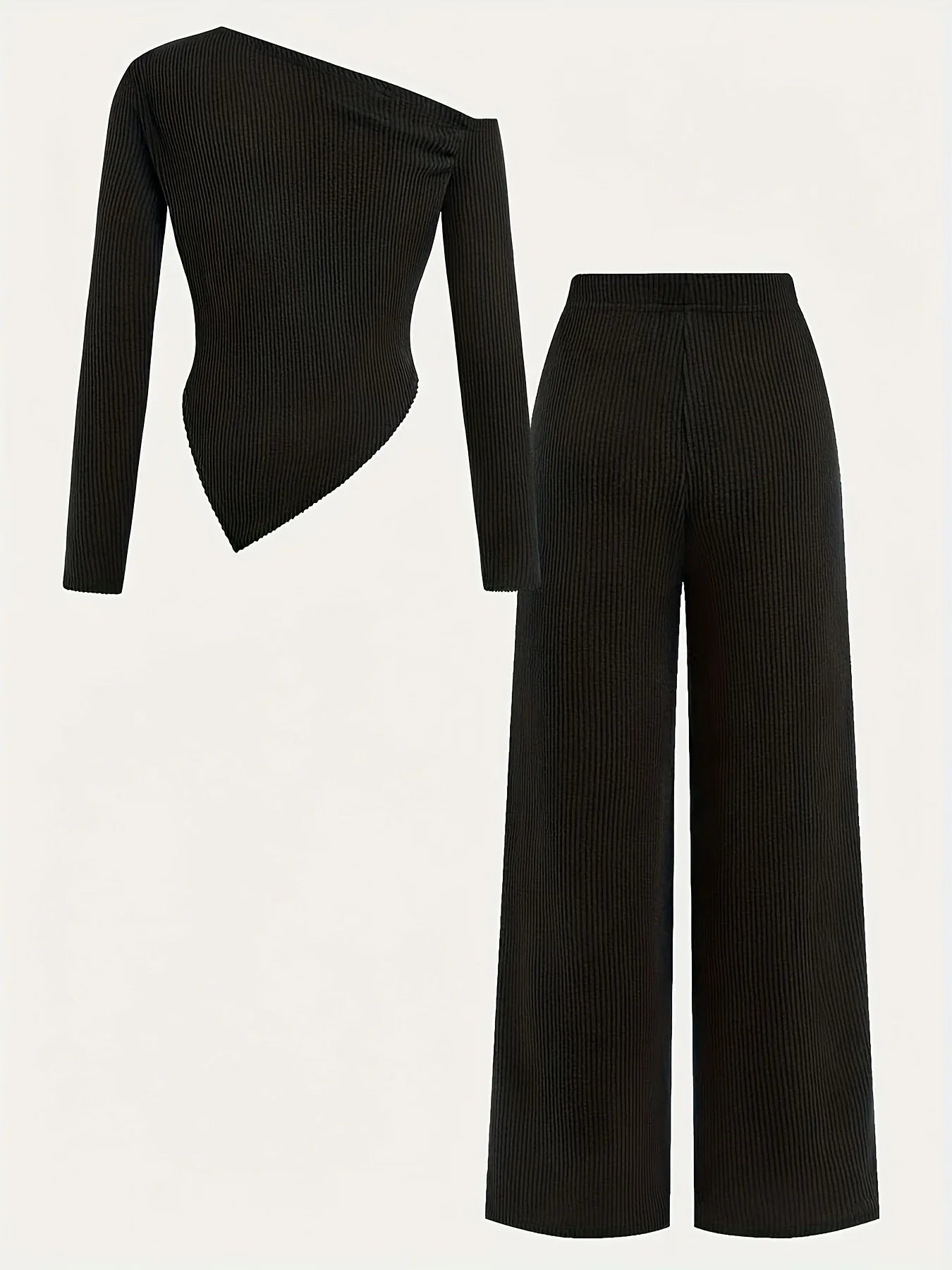 TEMU-2pcs Teen Girl Casual Knit Asymmetrical Neck T-Shirt + Wide-Leg Pants - alotasawkli