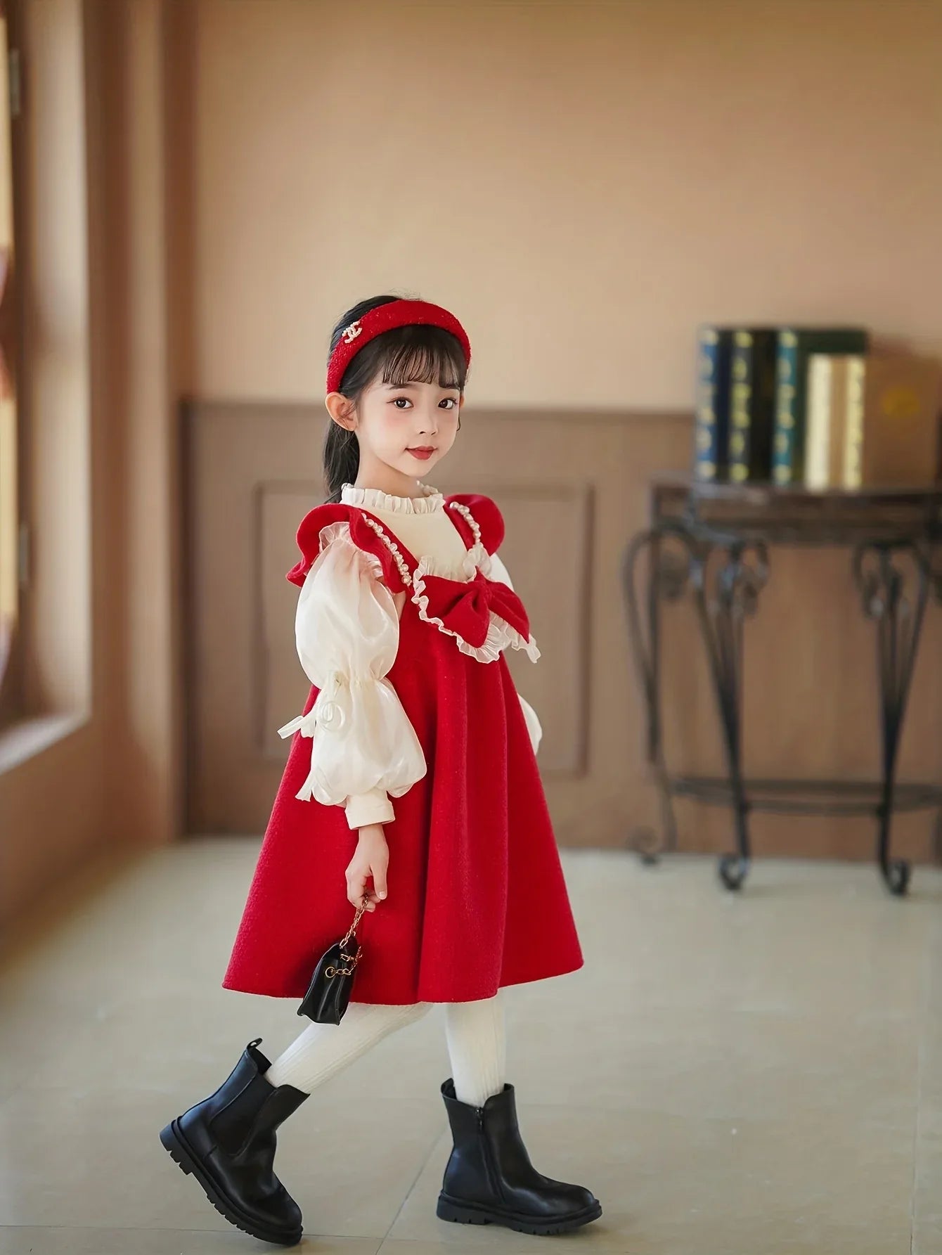 TEMU-Girls' Two-Piece Princess Dress with Bubble Sleeves & Big Bow - Red - alotasawkli