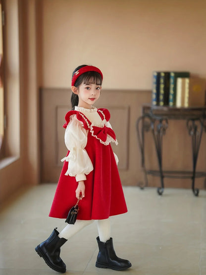 TEMU-Girls' Two-Piece Princess Dress with Bubble Sleeves & Big Bow - Red - alotasawkli