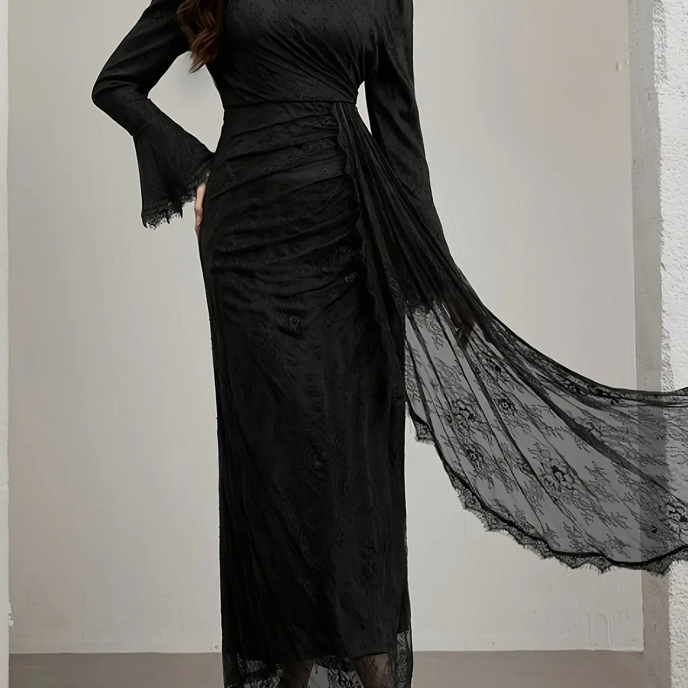 TEMU-Elegant Long-Sleeve Lace Dress with Ruffle Neckline - alotasawkli