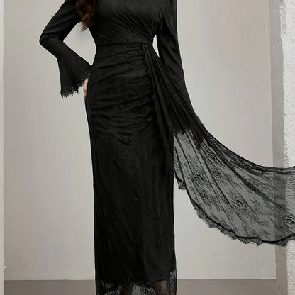 TEMU-Elegant Long-Sleeve Lace Dress with Ruffle Neckline - alotasawkli