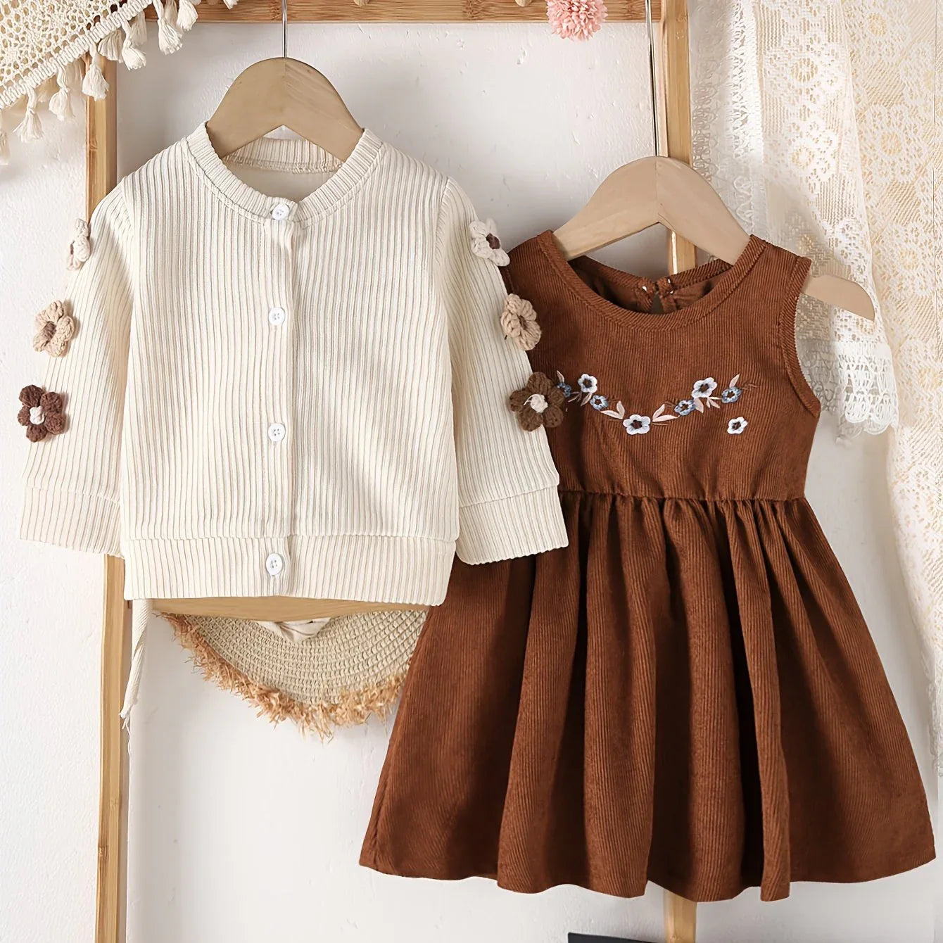 2pcs Autumn/Winter Ethnic Embroidered Dress Set + Floral Long Sleeve Blouse | Casual & Cute, Perfect for Outdoor Wear, Umbrella Skirt Silhouette - alotasawkli