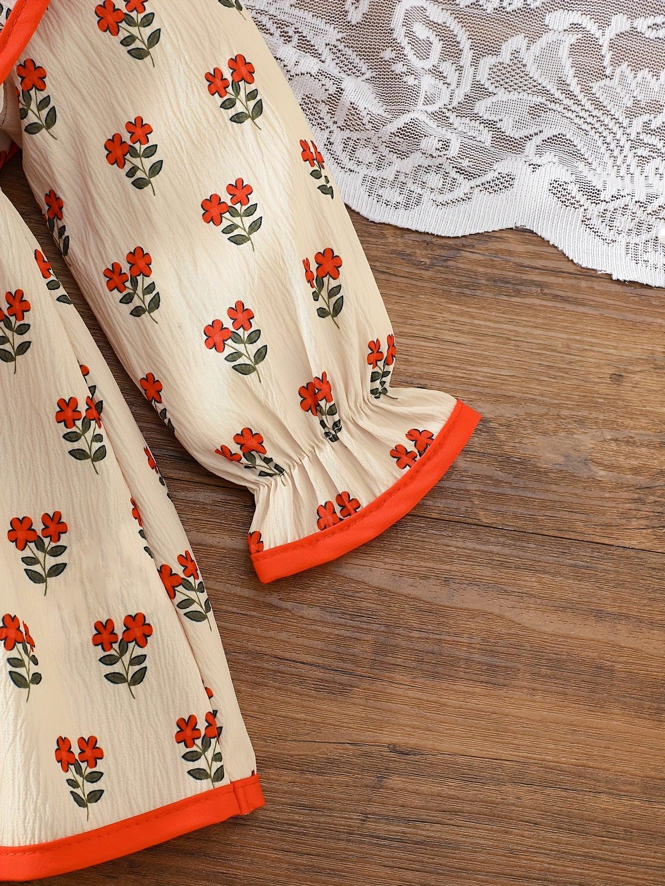 Baby Girl Floral Dress Set | Beige with Red Rose Print, Red Ruffle Trim Bell Sleeves, Cute and Sweet All-season Outfit - alotasawkli