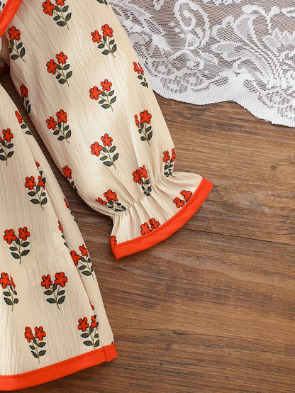 Baby Girl Floral Dress Set | Beige with Red Rose Print, Red Ruffle Trim Bell Sleeves, Cute and Sweet All-season Outfit - alotasawkli