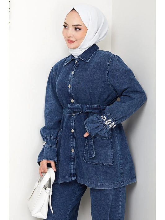 سترة وبنطلون دينم مزين بالحجارة - طقم من قطعتين 1639 - أزرق - alotasawkli