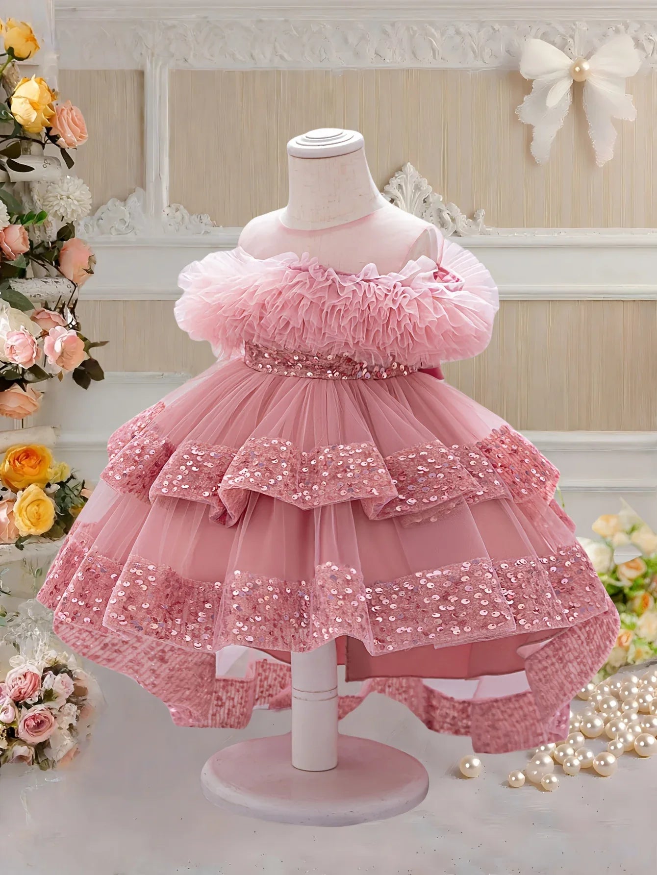 TEMU-Measuring Front Skirt, Girl's Pink Sequin Dress - alotasawkli