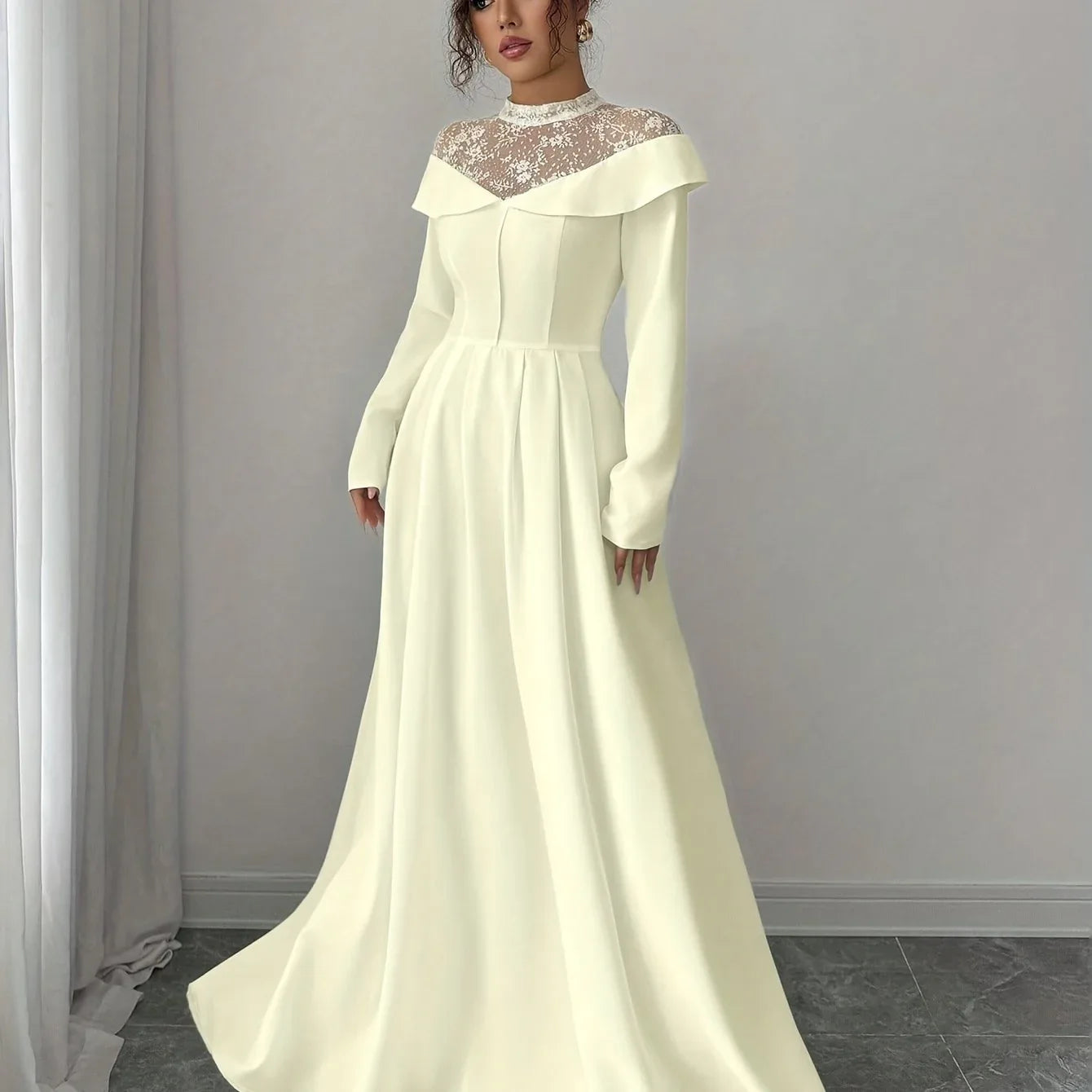 Elegant White A-Line Maxi Dress with Mesh Panel - alotasawkli
