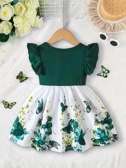 Girl'S Digital Print Dress with Butterfly Sleeves And a Round Neck, Featuring a Bow, Suitable for Spring And Summer. - alotasawkli