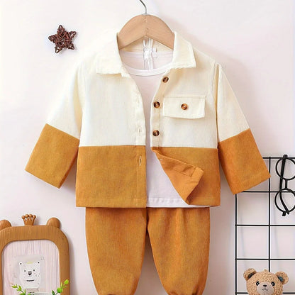 TEMU-Boys' Lapel Patchwork Shirt + Solid Color Shorts Two-Piece - alotasawkli