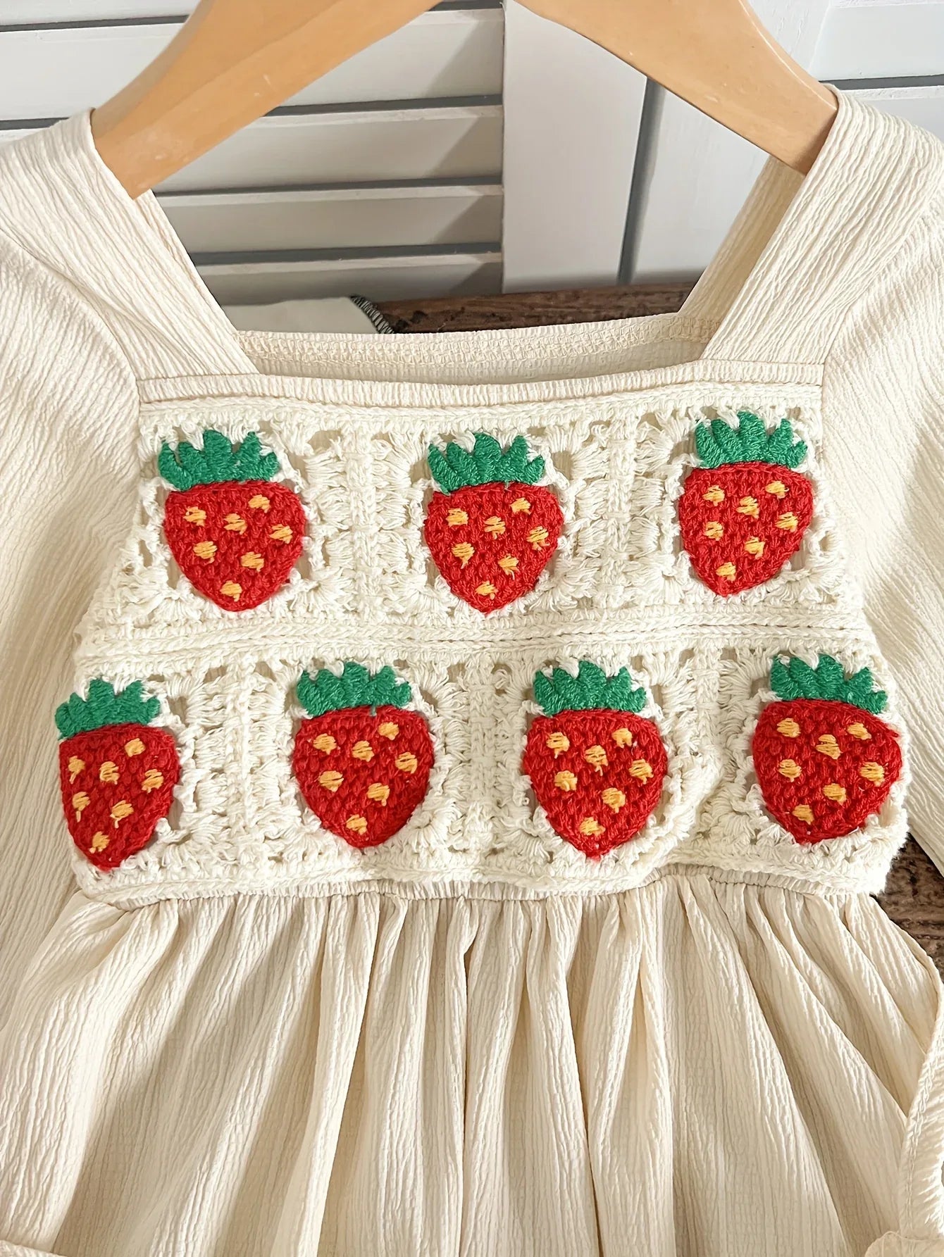 New Arrival Girl's Strawberry Embroidery Dress with Matching Bag - Winter Long Dress with Square Neck, Full Umbrella & Strawberry Outfit for Photoshoots, Parties, Outdoor Play (Hand Washable) | Autumn Winter One-Piece Dress - alotasawkli