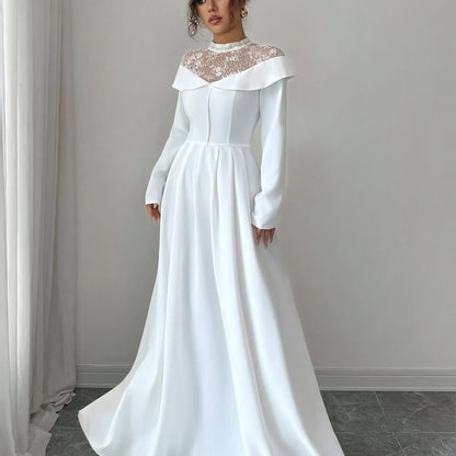 Elegant White A-Line Maxi Dress with Mesh Panel - alotasawkli