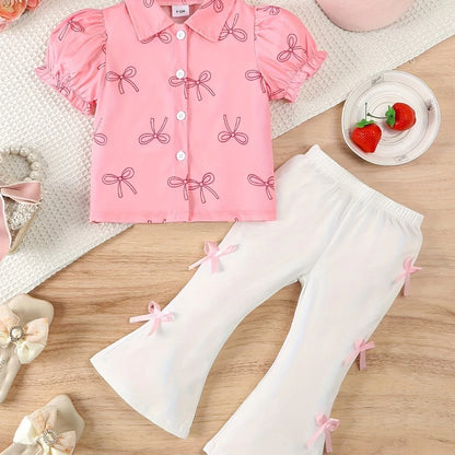 Little Girl's Cute Pink Bow Blouse + Long Pants with Decorative Bows, Perfect for Outdoor - alotasawkli