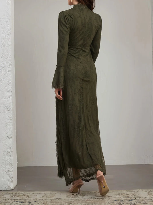 TEMU-Elegant Long-Sleeve Lace Dress with Ruffle Neckline - alotasawkli