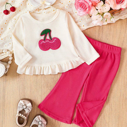 2pcs Girls' Cherry Pattern Ruffle Trim Long Sleeve Top and Flared Casual Pants Set, Perfect for Autumn and Winter, Suitable for Daily, Travel, and Outing Wear, Perfect for Outdoor - alotasawkli