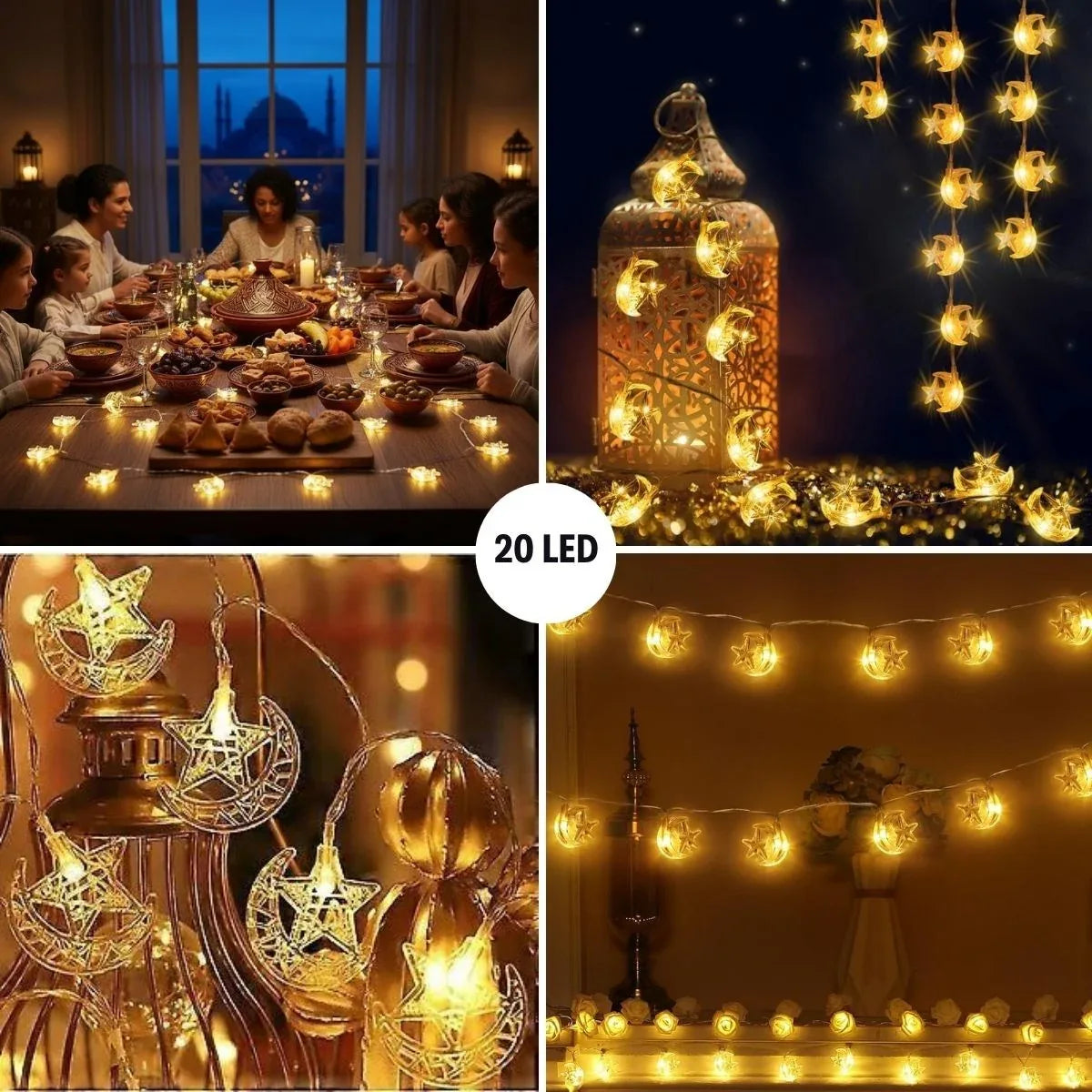 Buffer® مصباح LED USB على شكل هلال ونجمة بطول 3.5 متر – 20 LED لتزيين رمضان وإضاءة جوية - alotasawkli