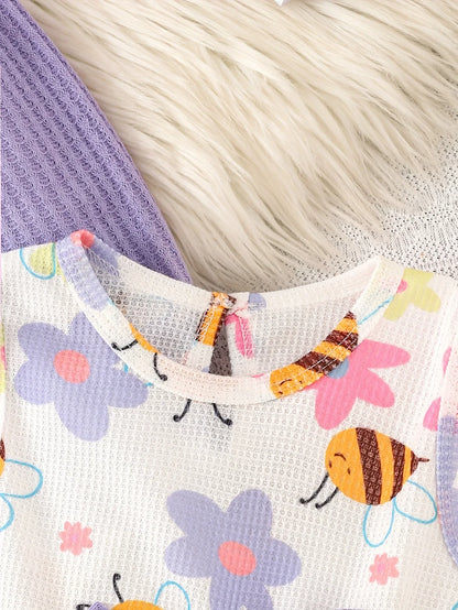 2pcs Autumn Winter Girl Purple Ruffle Jacket Button Decoration Bow Flower Little Bee Print Vest Dress, Suitable for Outdoor Play and Events, Casual Elegant, Fashionable Clothing, Perfect for Outdoor - alotasawkli