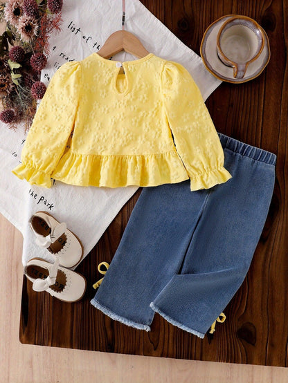 TEMU-Girls' 2pcs Set: Bow-Embellished Long-Sleeve - alotasawkli