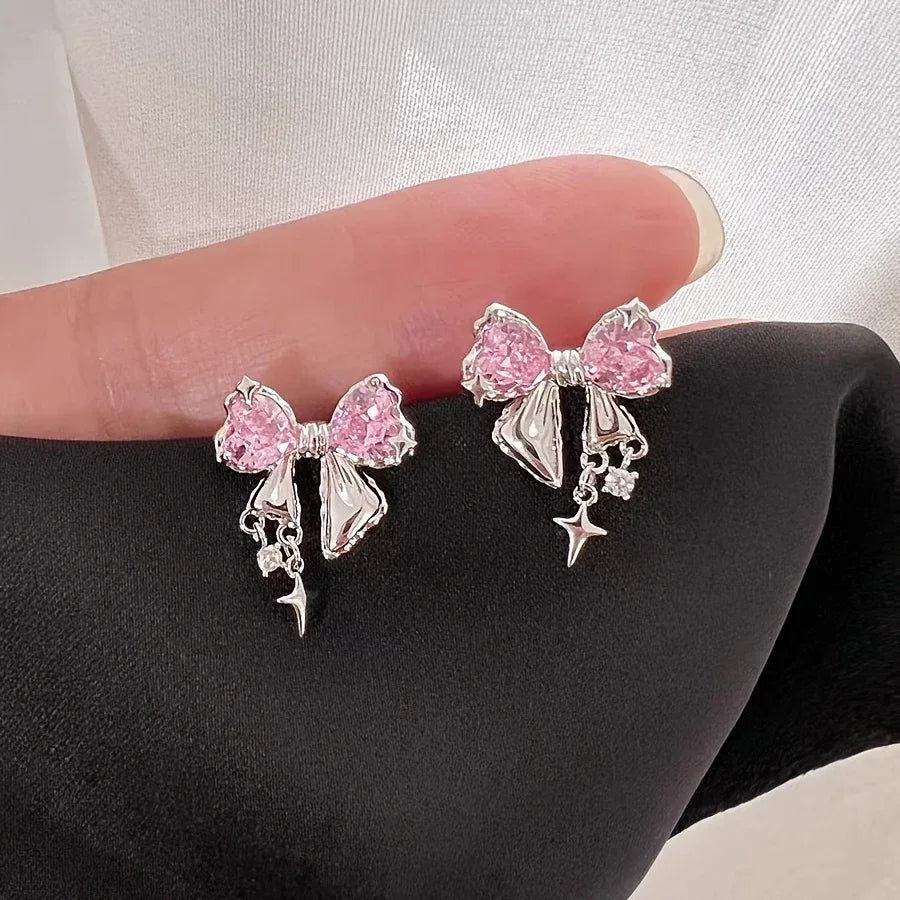 [1 Pair Y2K Bow] Cute Pink 1 Pair Y2K Bow Earrings - alotasawkli