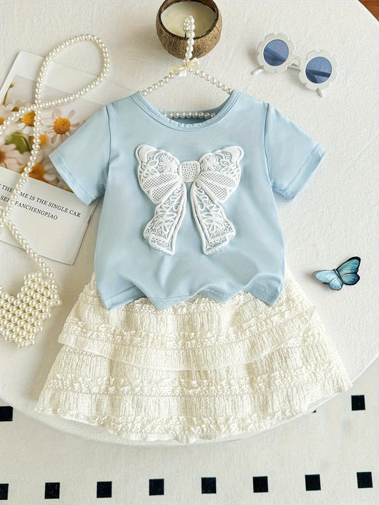 2pcs Summer Girls' Short Sleeve Round Neck Bow Top + Skirt Set with Embossed Butterfly Design, Casual and Cute for Outdoor Wear, Perfect for Outdoor - alotasawkli