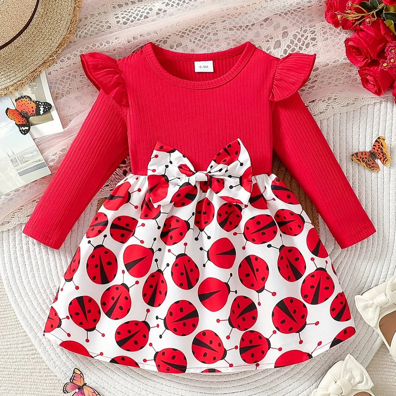 Children's Autumn Print Round Neck Cute Bee Bow Knee-Length Fashion Comfortable Dress - alotasawkli