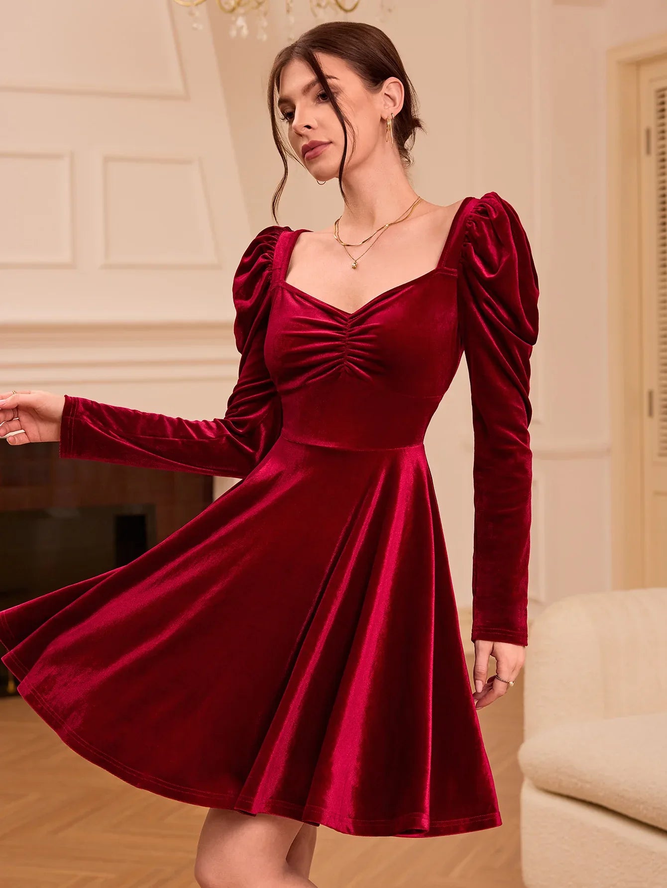 TEMU-French-Style Burgundy Winter Dress - alotasawkli