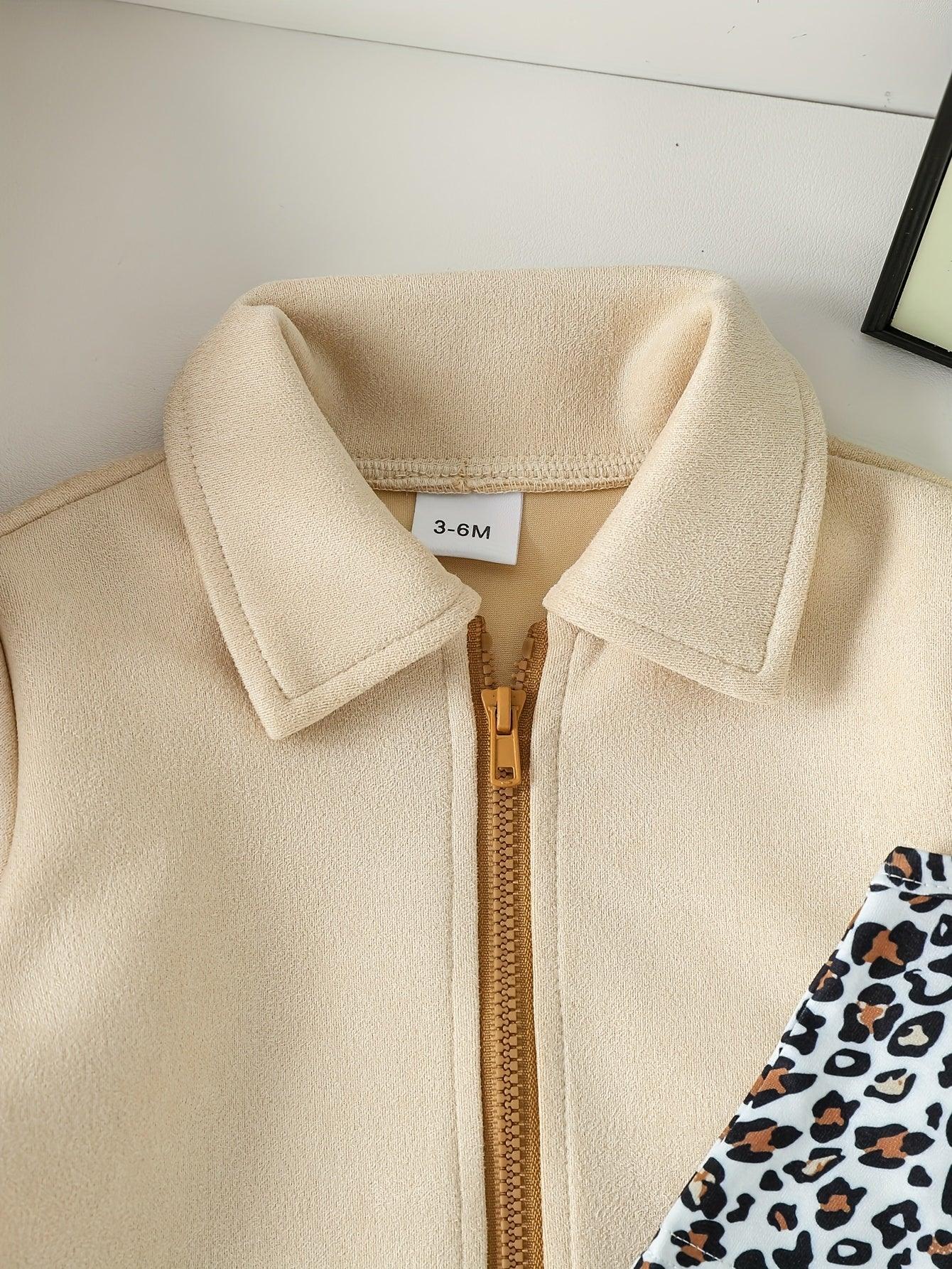 Girls' Autumn and Winter Leopard Print Vest + Solid Color Turn- Collar Jacket + Solid Color Pleated Skirt Fashion Street 3pcs Set, Perfect for Outdoor - alotasawkli