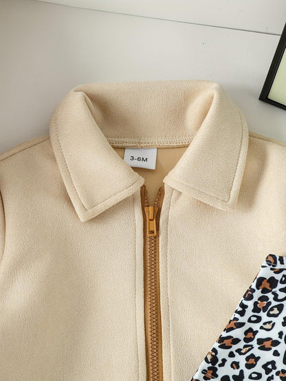 Girls' Autumn and Winter Leopard Print Vest + Solid Color Turn- Collar Jacket + Solid Color Pleated Skirt Fashion Street 3pcs Set, Perfect for Outdoor - alotasawkli